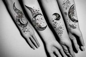 Crescent moon with small wild flowers in outline tattoo idea