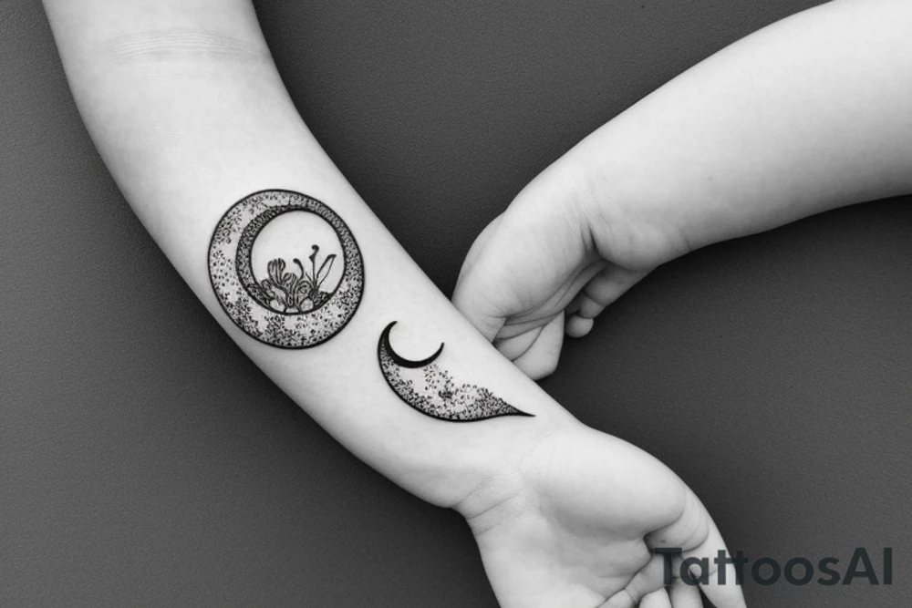 Crescent moon with small wild flowers in outline tattoo idea