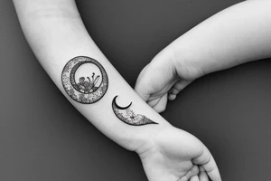 Crescent moon with small wild flowers in outline tattoo idea