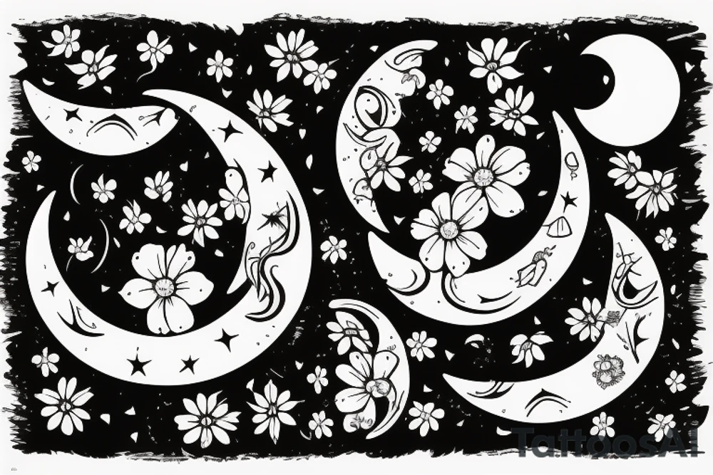Hollow Crescent moon with small wild flowers in outline tattoo idea