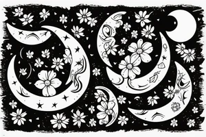 Hollow Crescent moon with small wild flowers in outline tattoo idea