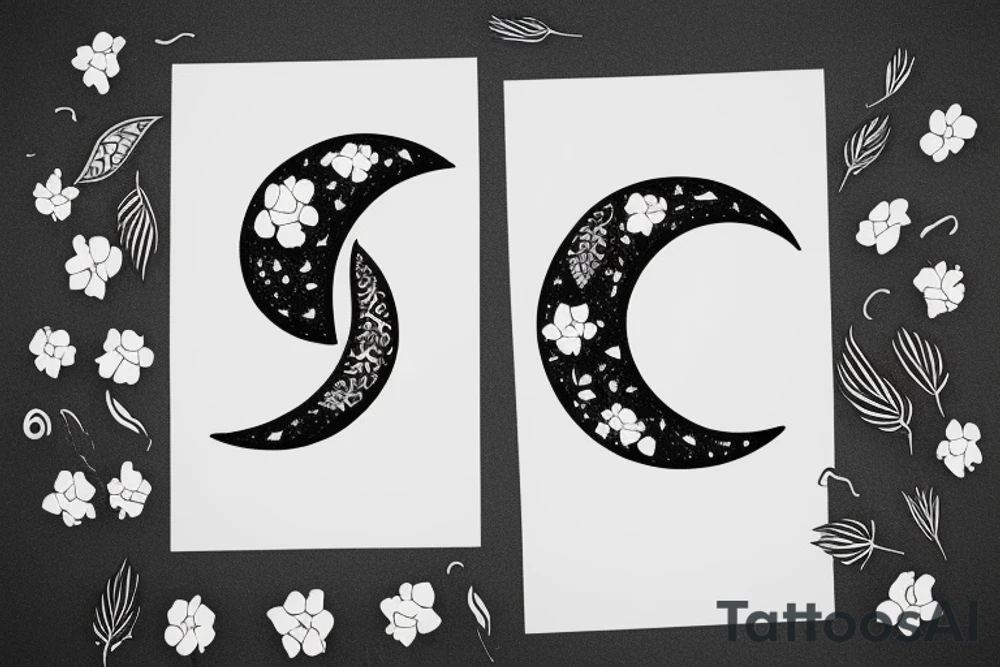 Hollow Crescent moon with small wild flowers in outline tattoo idea