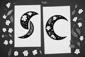 Hollow Crescent moon with small wild flowers in outline tattoo idea