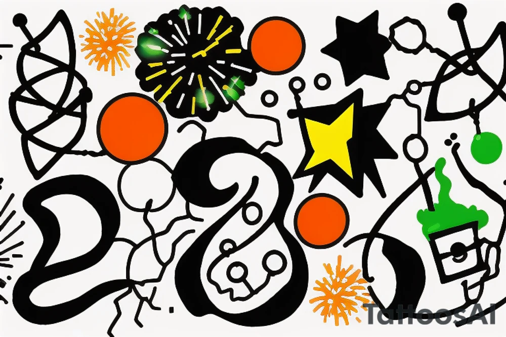 The chemical symbol of the chemical serotonin is black in the center and behind it are 3 fireworks in three colors, one orange, one blue and one green tattoo idea