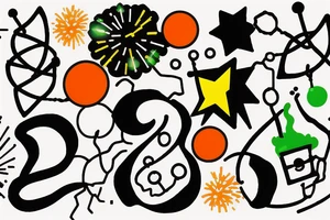 The chemical symbol of the chemical serotonin is black in the center and behind it are 3 fireworks in three colors, one orange, one blue and one green tattoo idea
