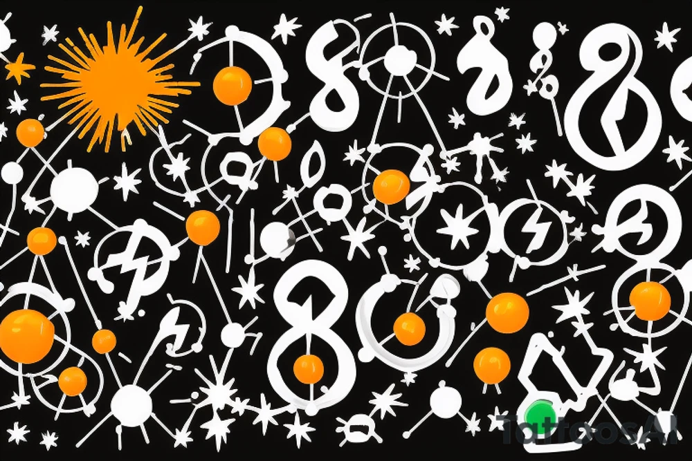 The chemical symbol of the chemical serotonin is black in the center and behind it are 3 fireworks in three colors, one orange, one blue and one green tattoo idea