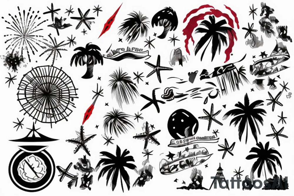 Beach view with fireworks tattoo idea