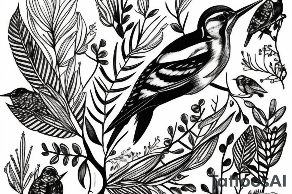 woodpecker sitting on a brench between flowers and leaves tattoo idea