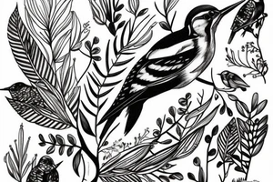 woodpecker sitting on a brench between flowers and leaves tattoo idea