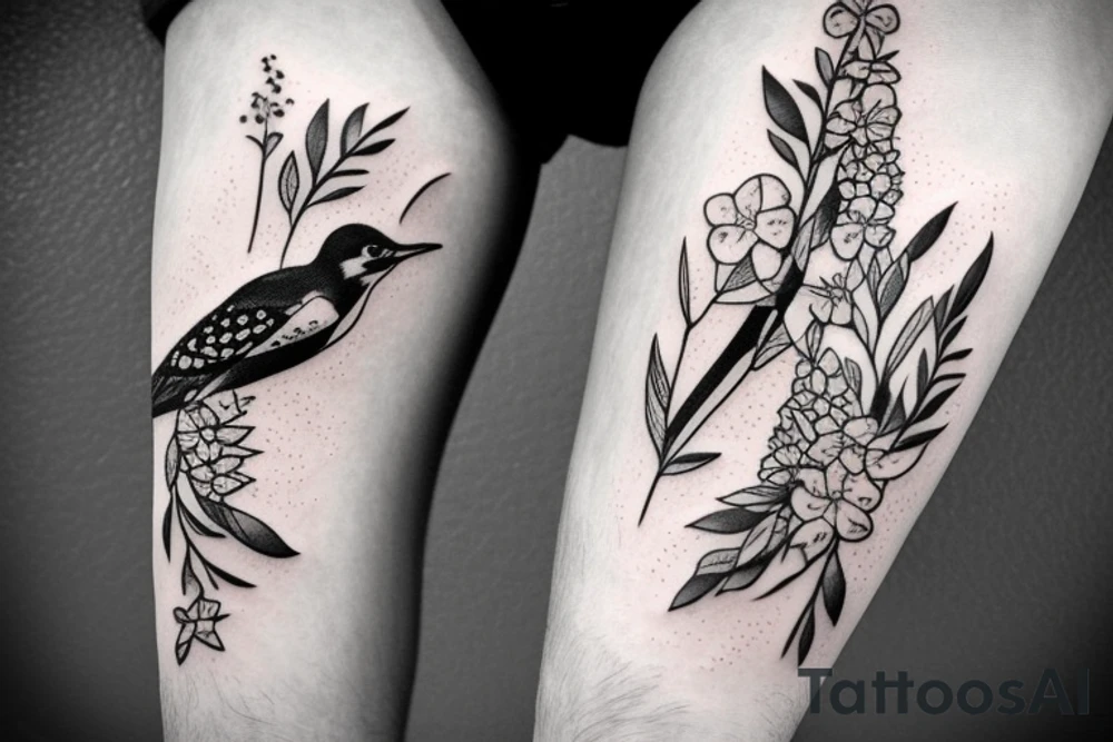 woodpecker sitting on a brench between flowers and leaves tattoo idea