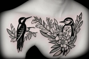 woodpecker sitting on a brench between flowers and leaves
on a forarm tattoo idea