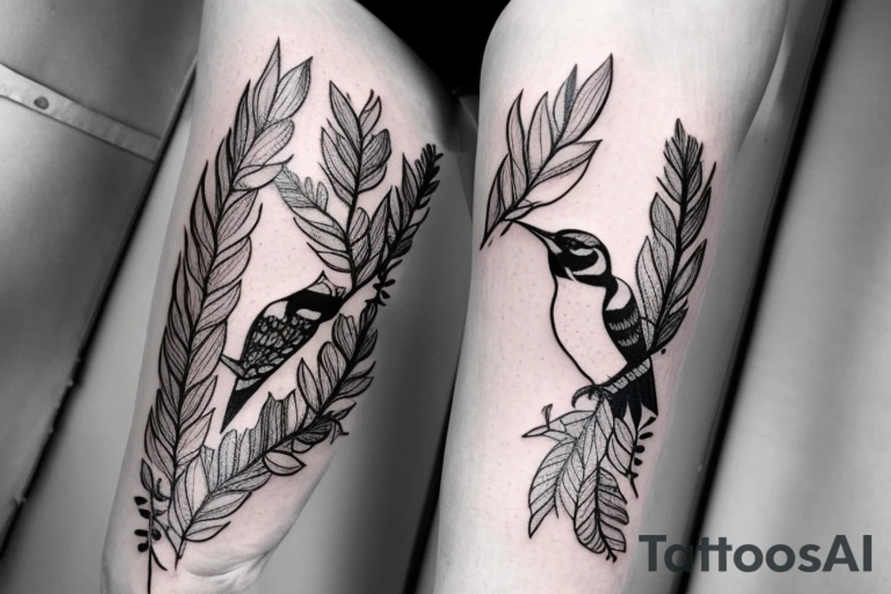 woodpecker sitting on a brench between flowers and leaves
on a forarm tattoo idea
