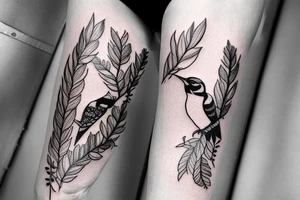 woodpecker sitting on a brench between flowers and leaves
on a forarm tattoo idea