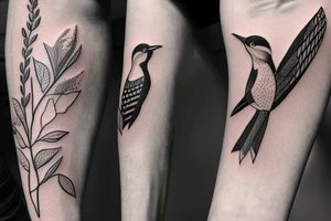 woodpecker sitting on a brench between flowers and leaves
on a forarm tattoo idea