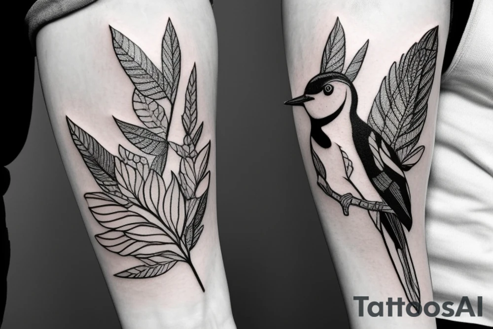 woodpecker sitting on a brench between flowers and leaves
on a forarm tattoo idea