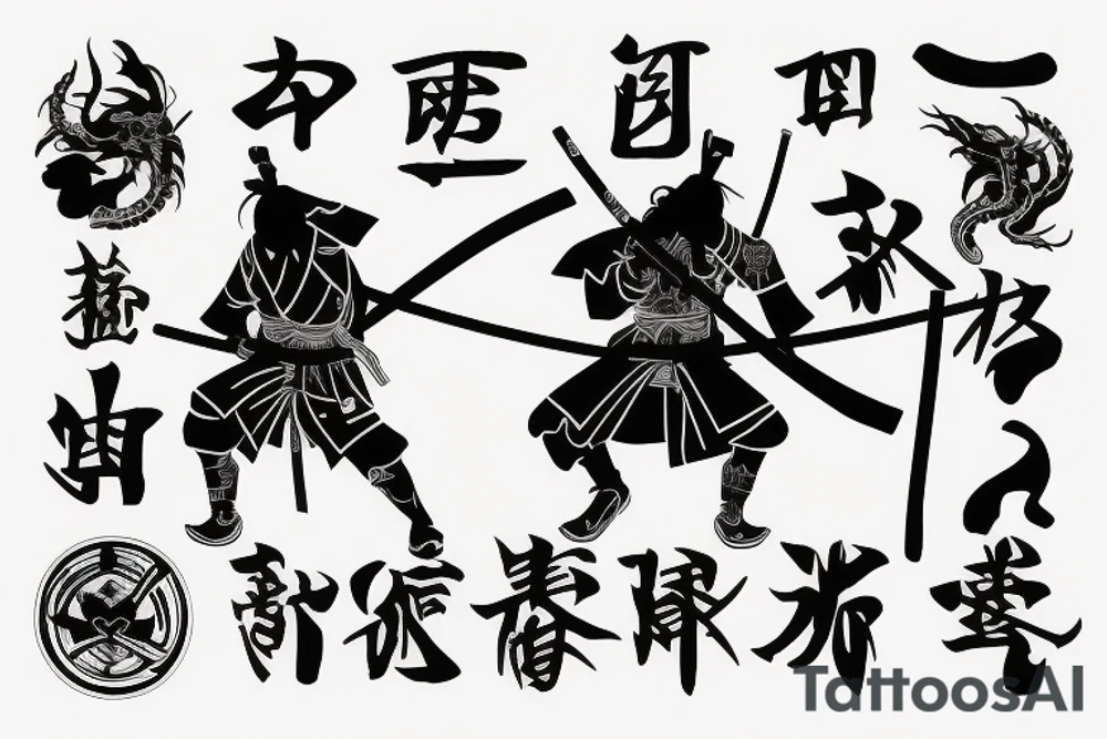 samurai with a katana on fire with a dragon tattoo idea