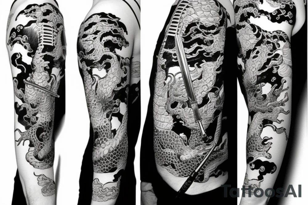 samurai with a katana on fire with a dragon tattoo idea