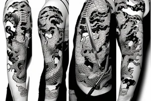 samurai with a katana on fire with a dragon tattoo idea