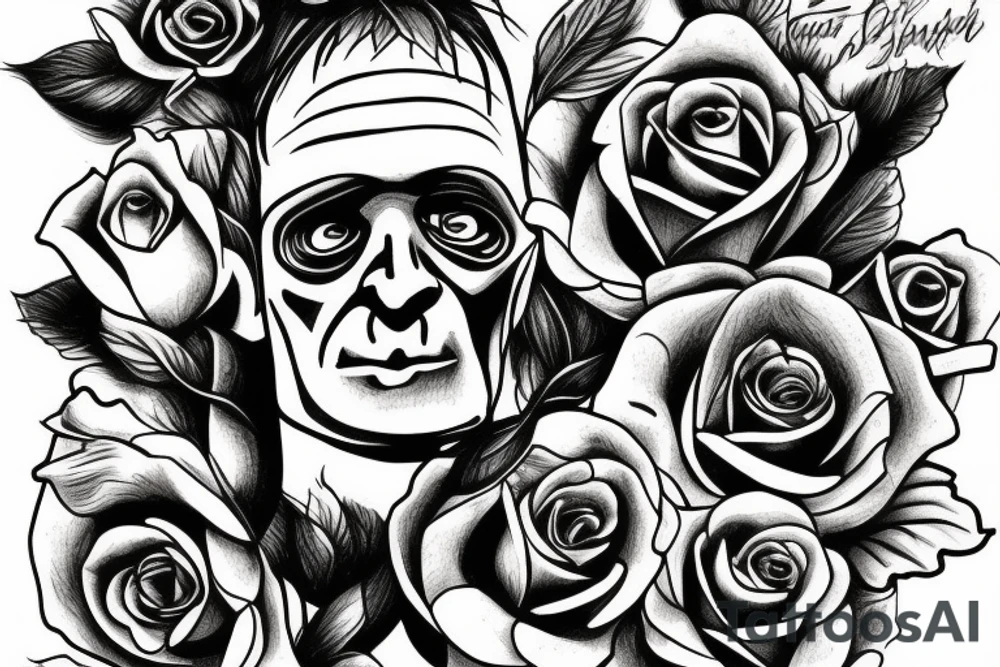 Frankenstein with roses and sunflowers tattoo idea