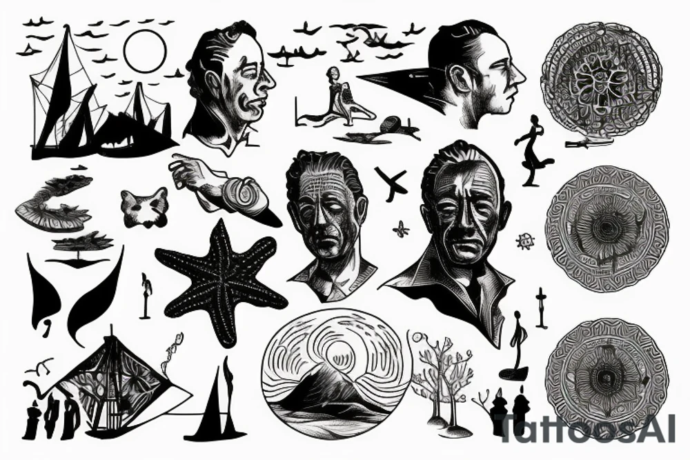 Albert Camus’s The Stranger walking on the beach under the sun. tattoo idea