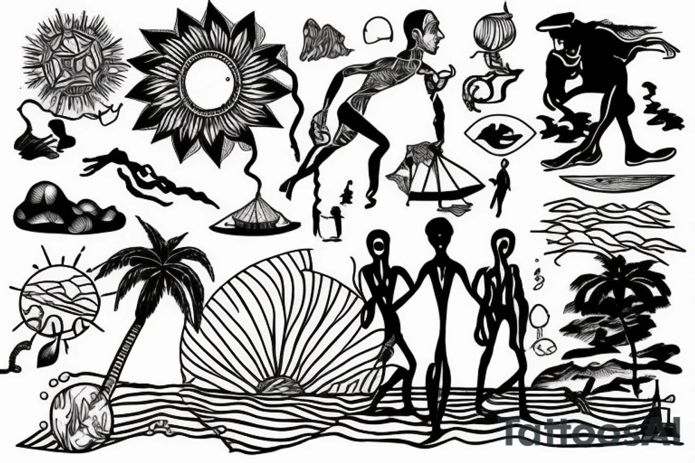 Albert Camus’s The Stranger walking on the beach under the sun. tattoo idea