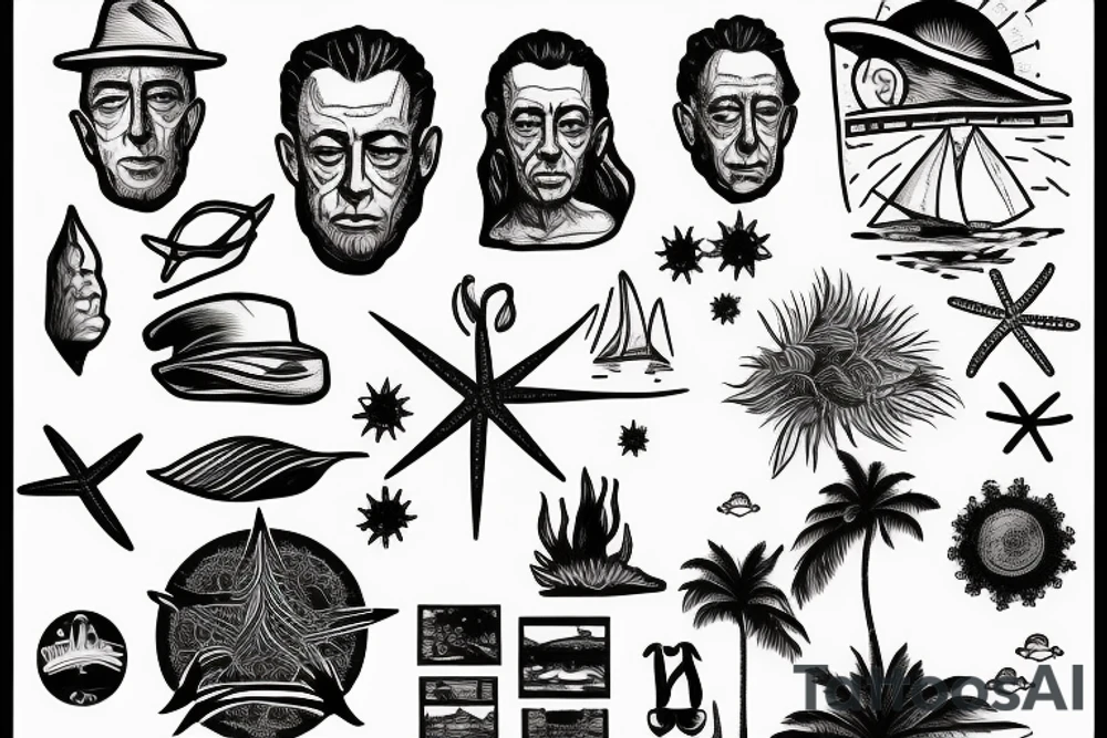 Albert Camus’s The Stranger walking on the beach under the sun. tattoo idea