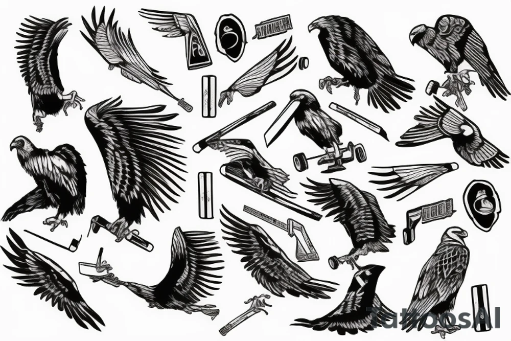 an American eagle grabbing a broken skateboard tattoo idea