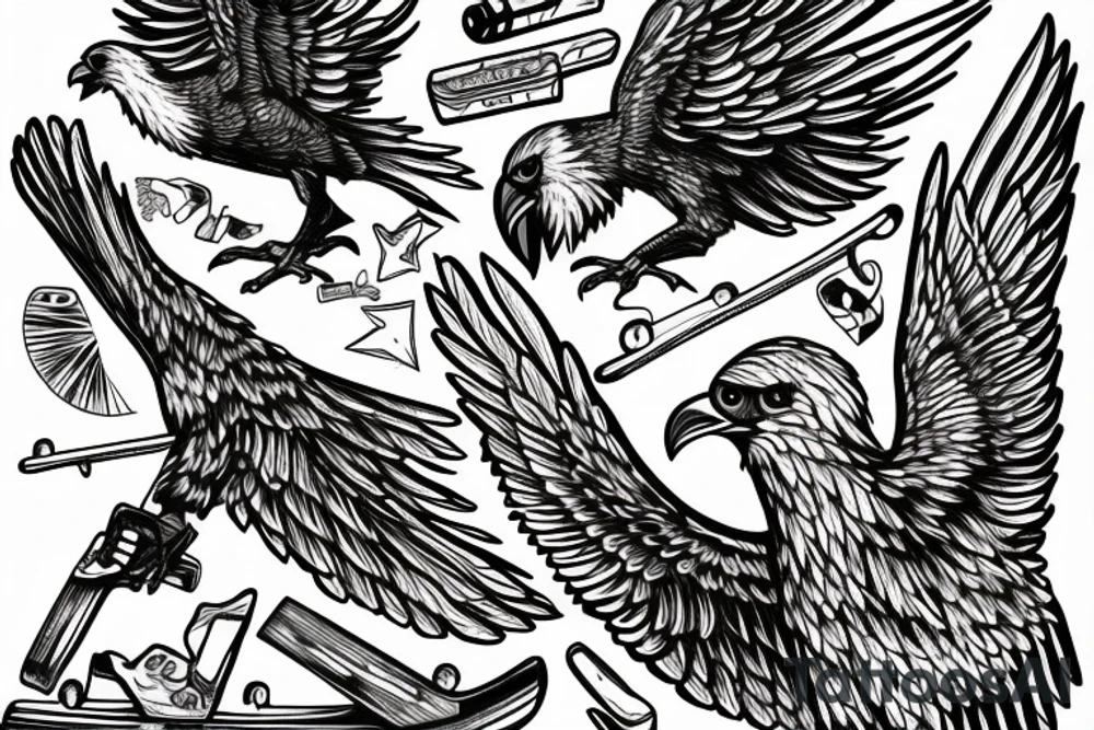 an American eagle grabbing a broken skateboard tattoo idea an American eagle grabbing a broken skateboard tattoo idea