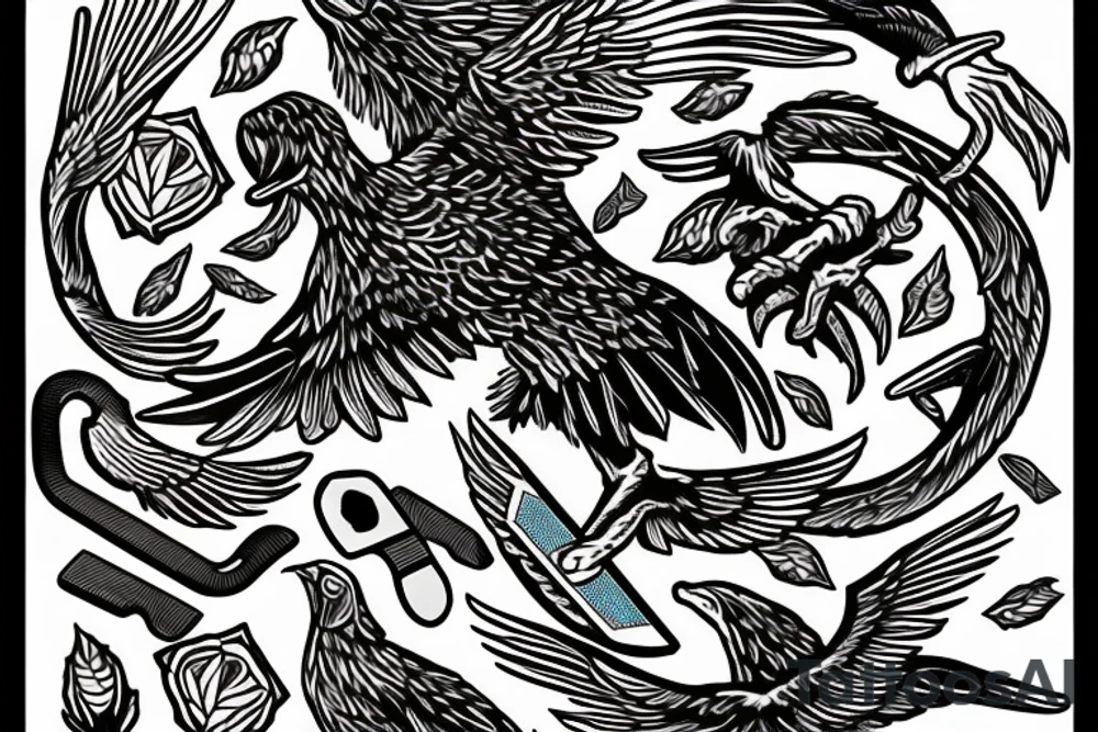 an American eagle grabbing a broken skateboard tattoo idea