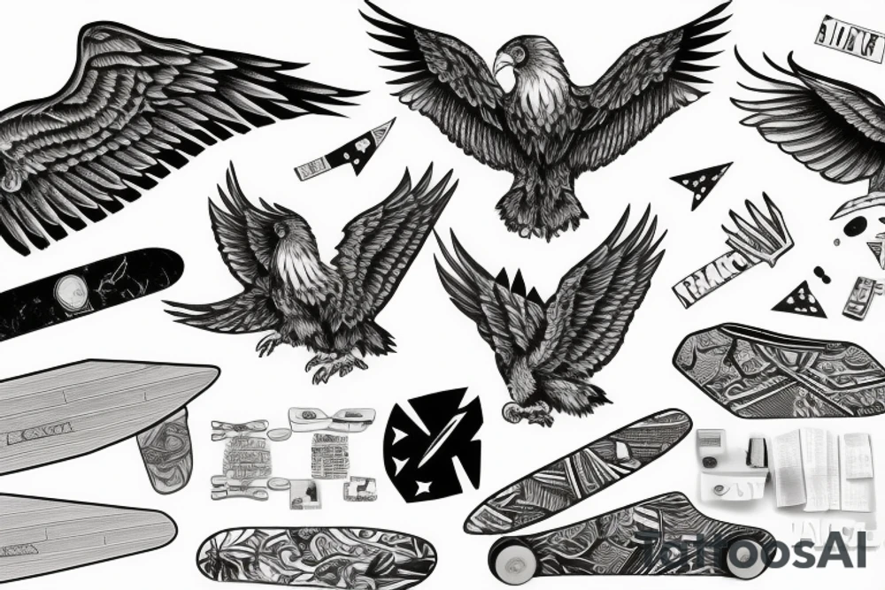 an American eagle grabbing a broken skateboard tattoo idea an American eagle grabbing a broken skateboard tattoo idea