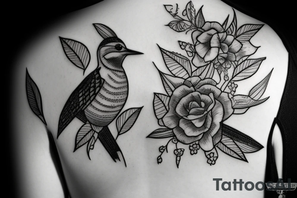 Woodpecker bird on a brench, with some flowers and leaves tattoo idea