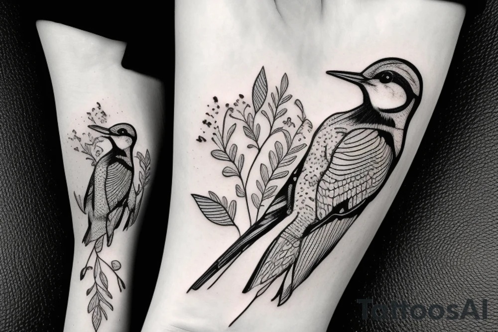Woodpecker bird on a brench, with some flowers and leaves tattoo idea
