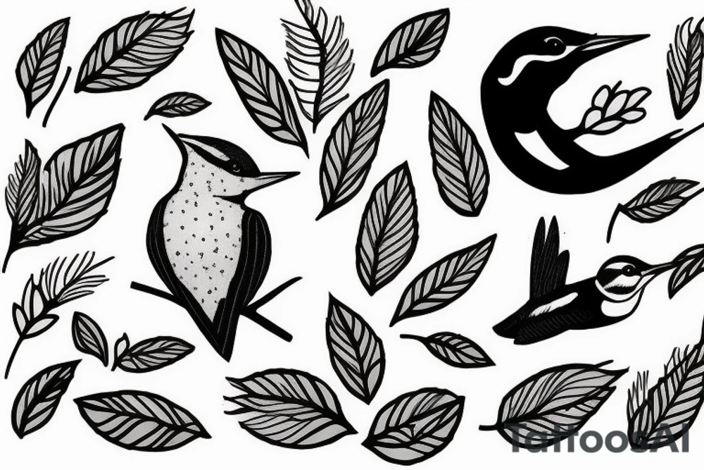 Woodpecker bird on a brench, with some flowers and leaves tattoo idea