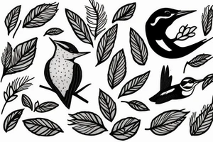 Woodpecker bird on a brench, with some flowers and leaves tattoo idea