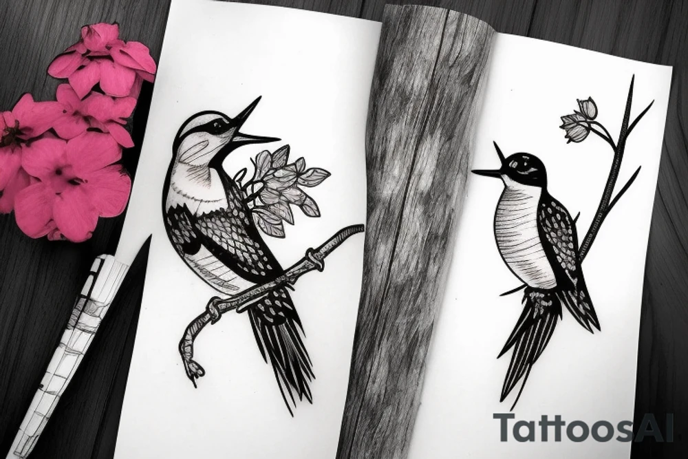 Woodpecker bird on a brench, with some flowers and leaves tattoo idea