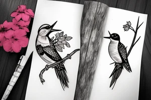 Woodpecker bird on a brench, with some flowers and leaves tattoo idea
