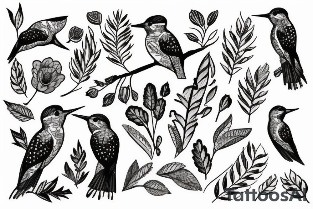 Woodpecker bird on a brench, with some flowers and leaves tattoo idea
