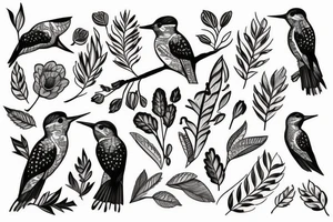 Woodpecker bird on a brench, with some flowers and leaves tattoo idea