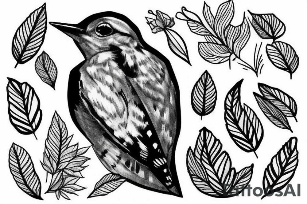 Woodpecker bird on a brench, with some flowers and leaves tattoo idea