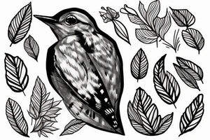 Woodpecker bird on a brench, with some flowers and leaves tattoo idea
