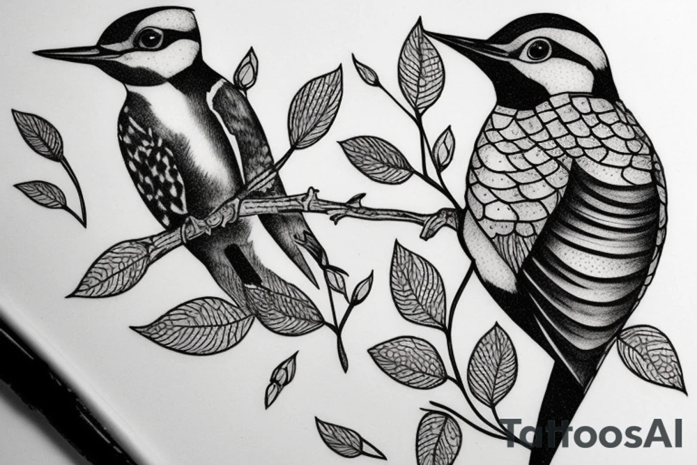 Woodpecker bird on a brench, with some flowers and leaves tattoo idea