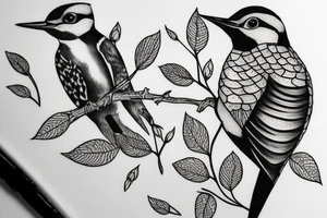 Woodpecker bird on a brench, with some flowers and leaves tattoo idea