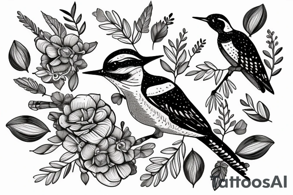 Woodpecker bird on a brench, with some flowers and leaves tattoo idea
