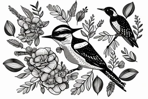 Woodpecker bird on a brench, with some flowers and leaves tattoo idea