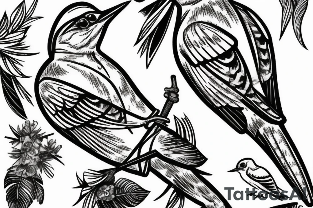 Woodpecker bird on a brench, tattoo idea