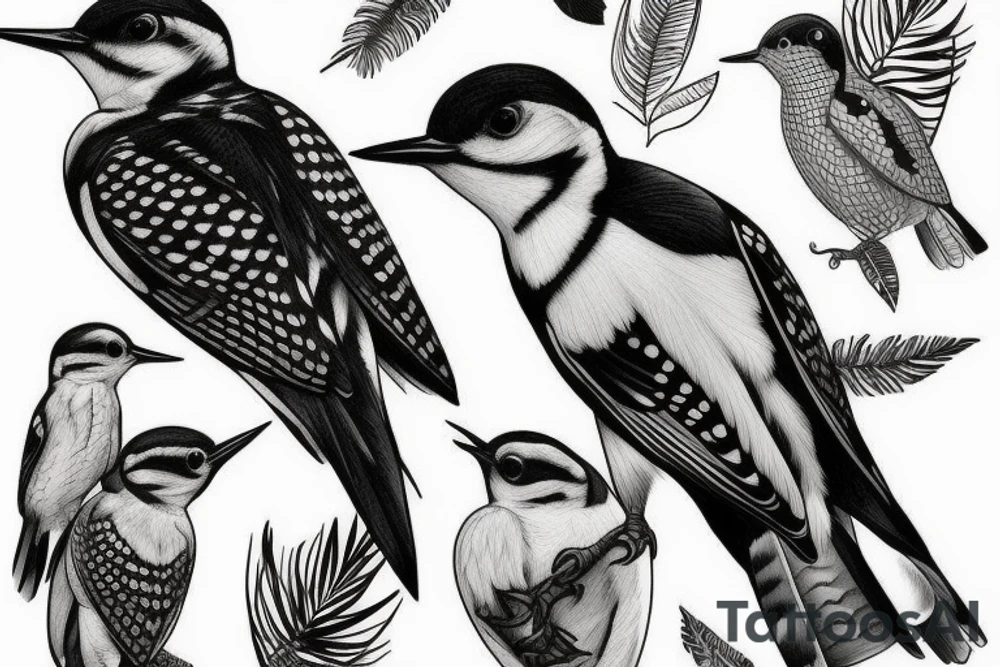 Woodpecker bird on a brench, tattoo idea
