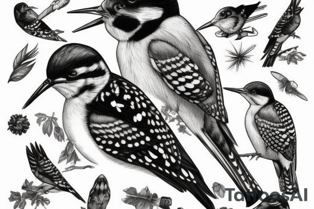 Woodpecker bird on a brench, tattoo idea
