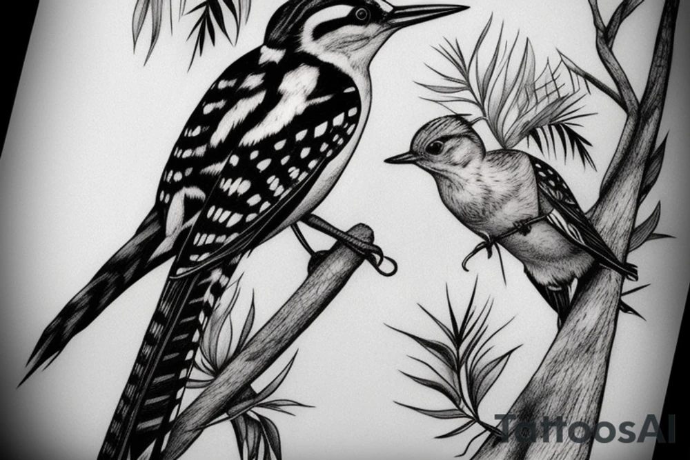 Woodpecker bird on a brench, tattoo idea
