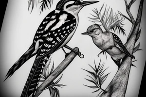 Woodpecker bird on a brench, tattoo idea