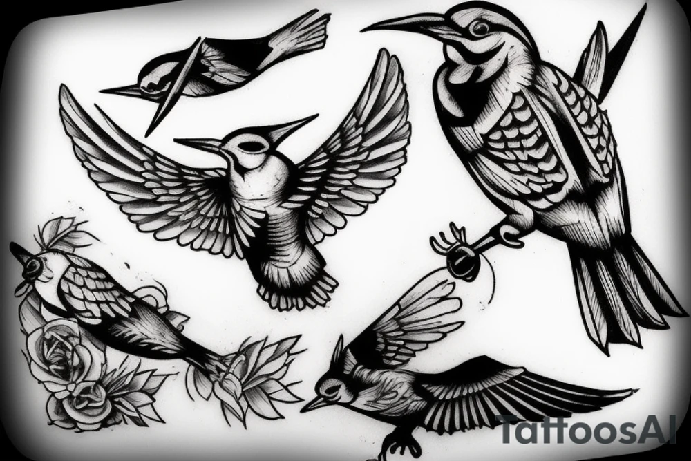design me a tattoo for my forearm. with a woodpecker bird, sitting on a broken skateboard tattoo idea